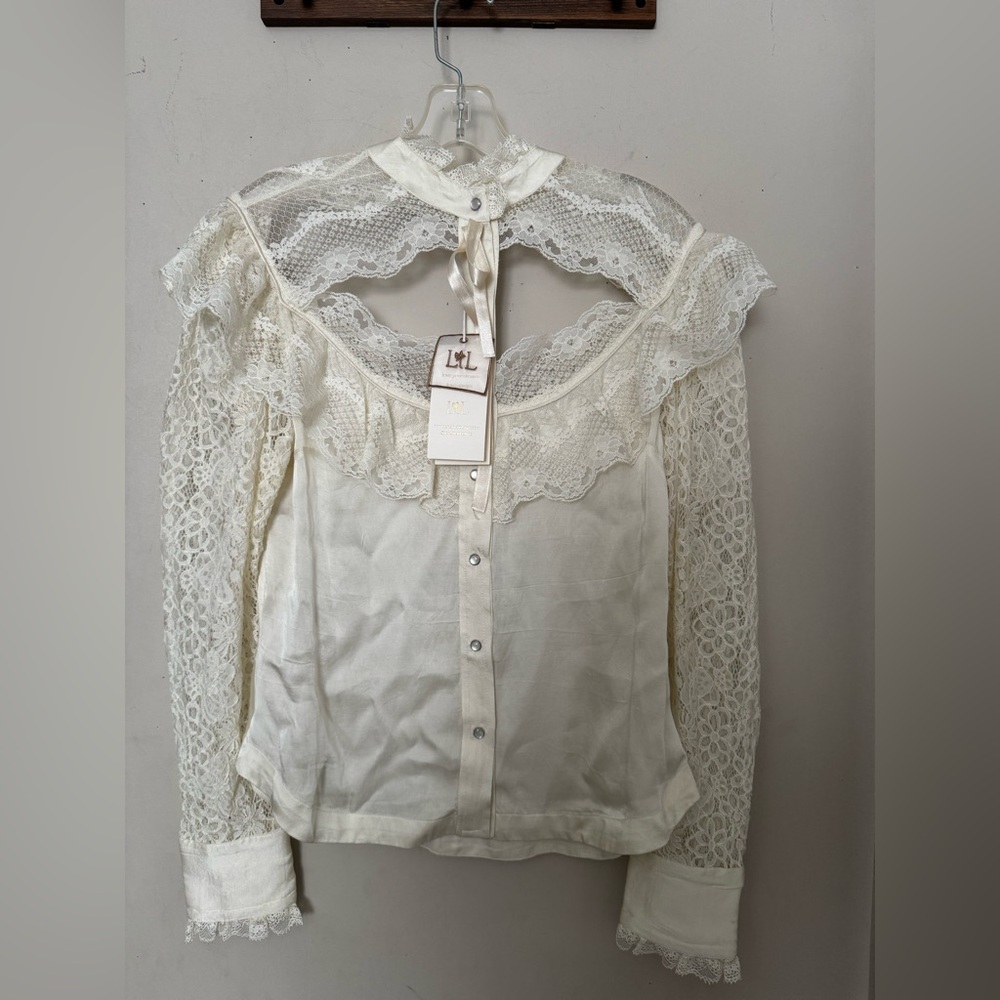Love the Label JOELLE CUTOUT SATIN & LACE  BLOUSE IVORY LARGE